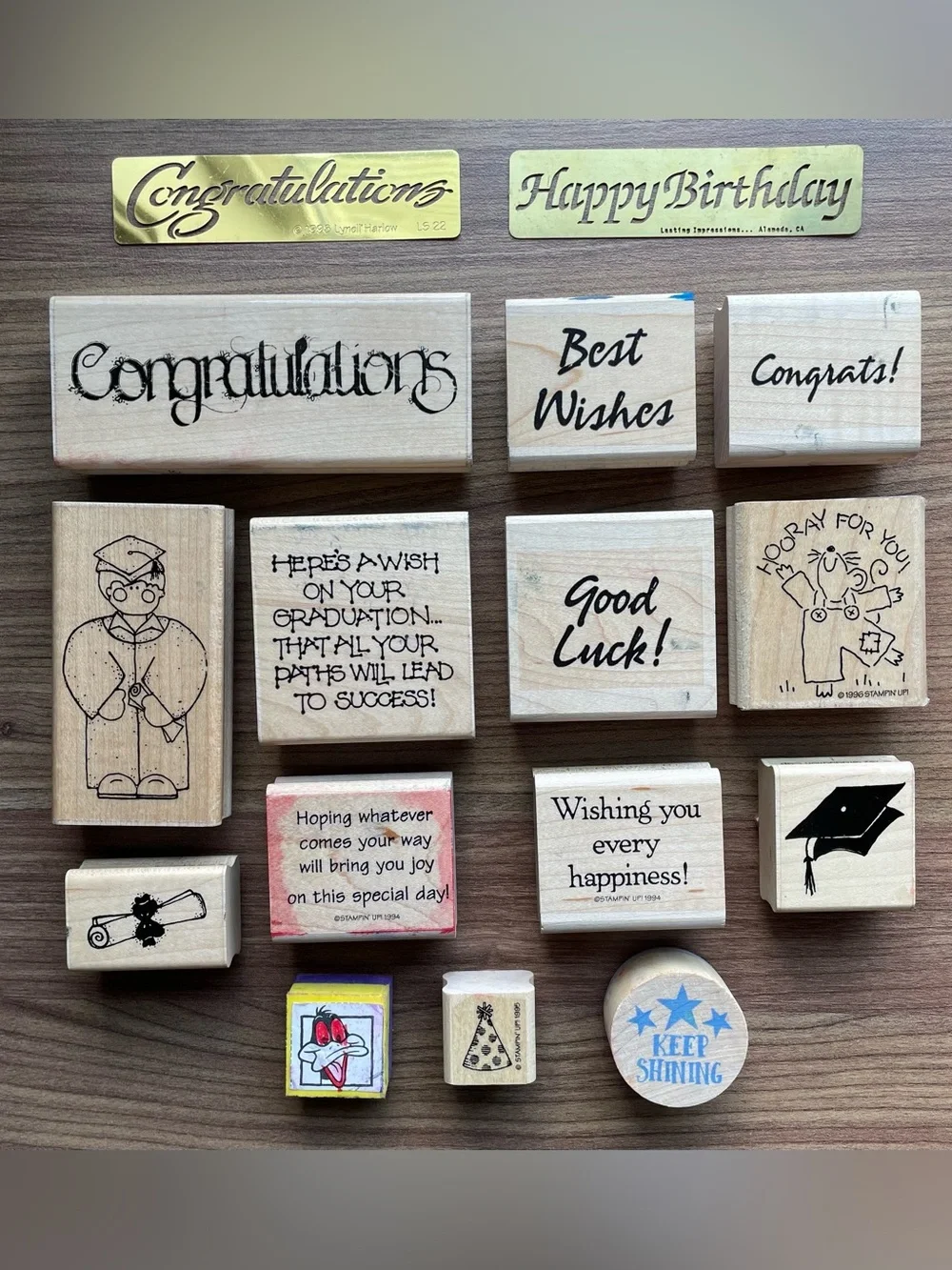 Vintage Stampin Up Wooden Stamp Lot - Milestone Celebration Graduation